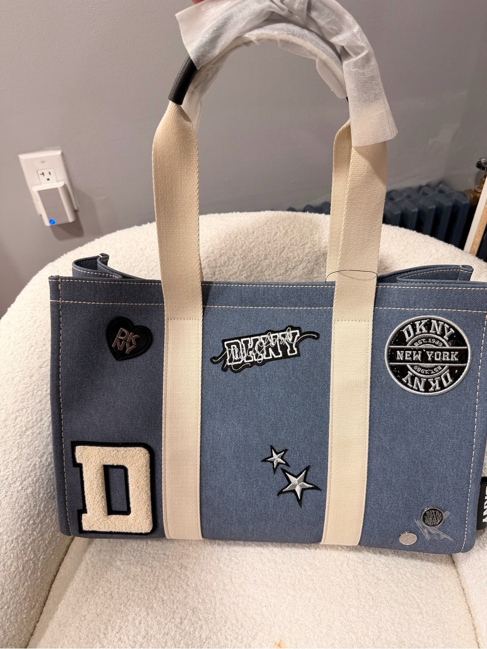 DKNY Blue Denim Tote with Cream Straps and Patch Details
